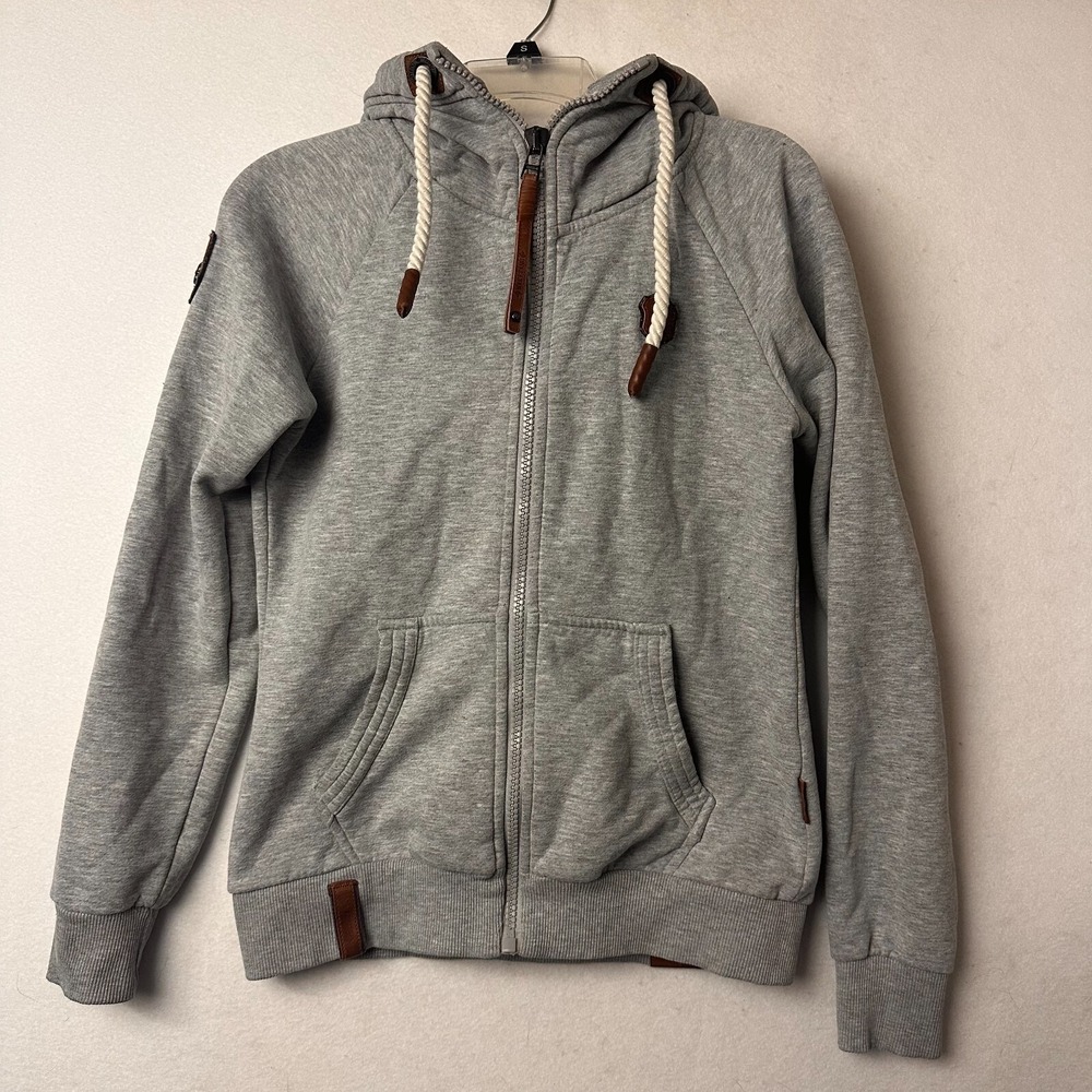 Naketano Brave New Word Mens Full Zip Hoodie Gray Faux Leather Trim Size M
